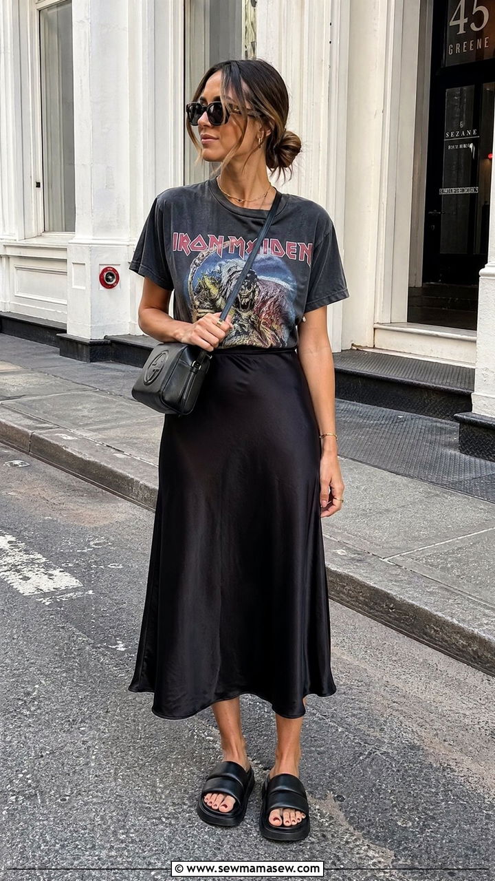Black Satin Skirt Outfit with Graphic Tee - 35 Summer outfits with skirts