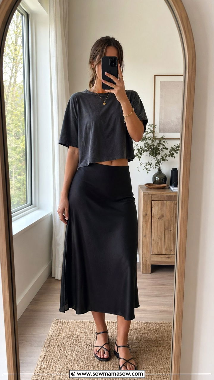 Black Satin Skirt With Cropped Tee - 35 Moody summer outfit ideas