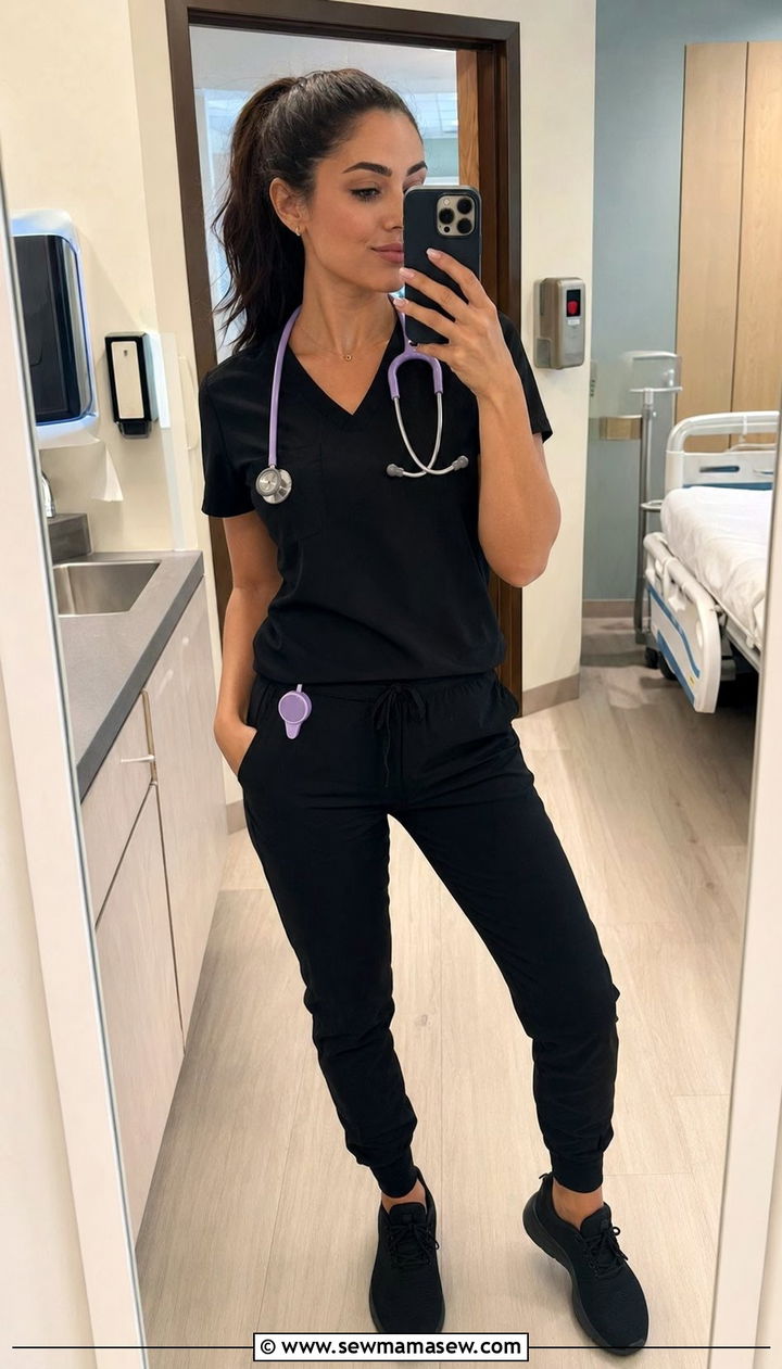 Black Scrubs with Stethoscope Accessories - 35 Scrubs outfit ideas