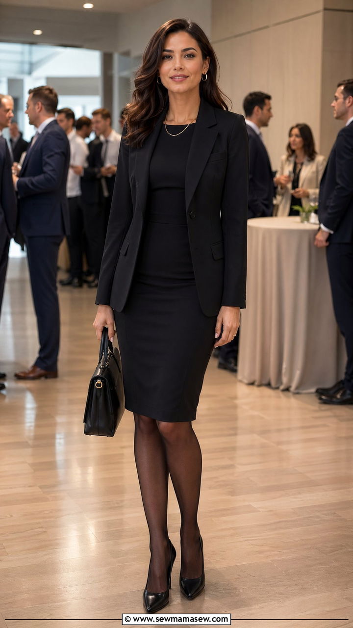 Black Sheath Dress And Structured Blazer - 35 Work conference outfit ideas