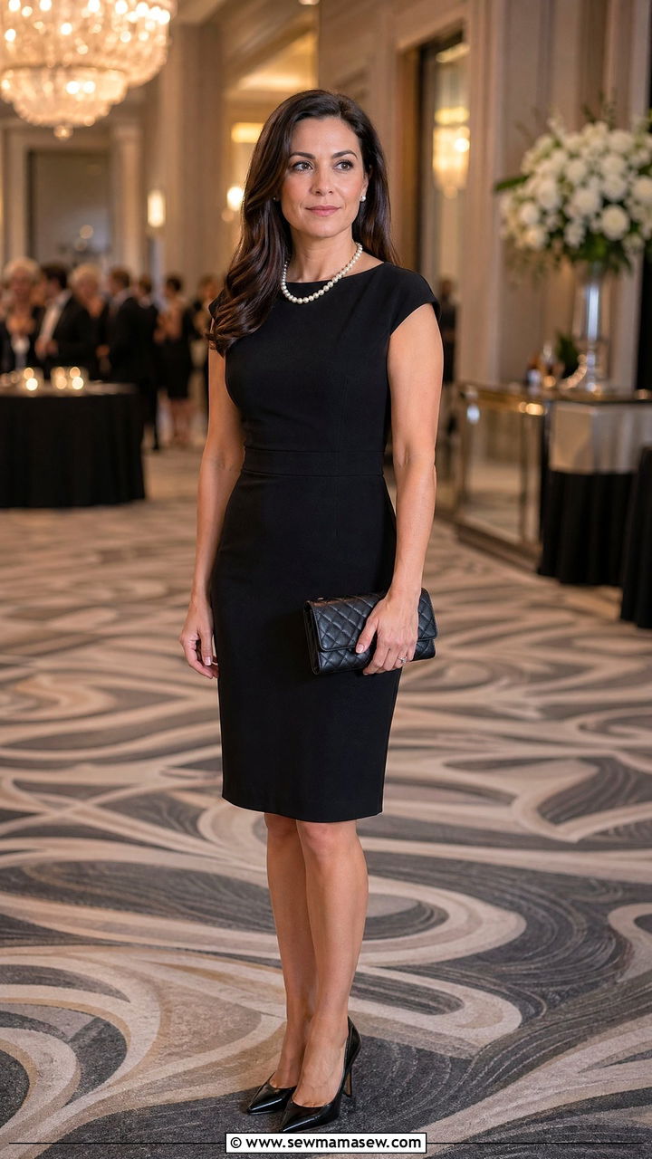 Black Sheath Dress With A Pearl Necklace - 35 Conference outfit ideas
