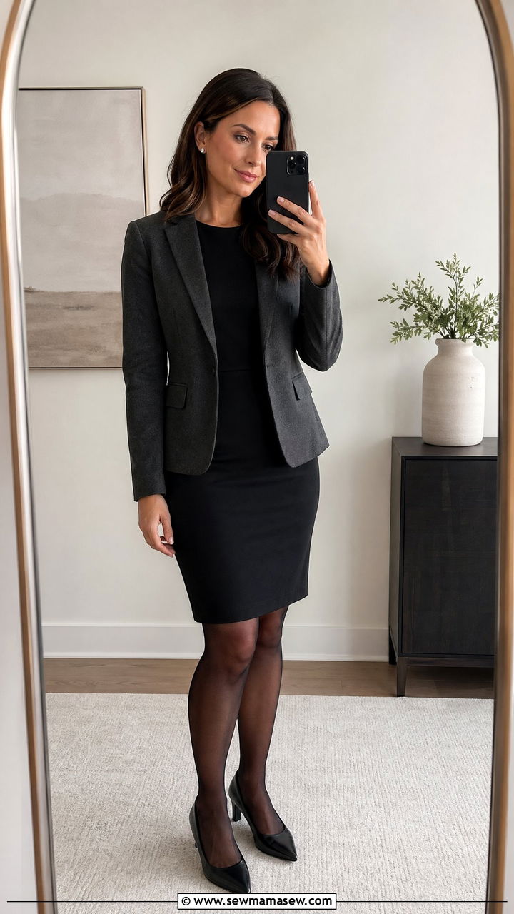 Black Sheath Dress With Blazer Court Outfit - 35 Court appearance outfit ideas