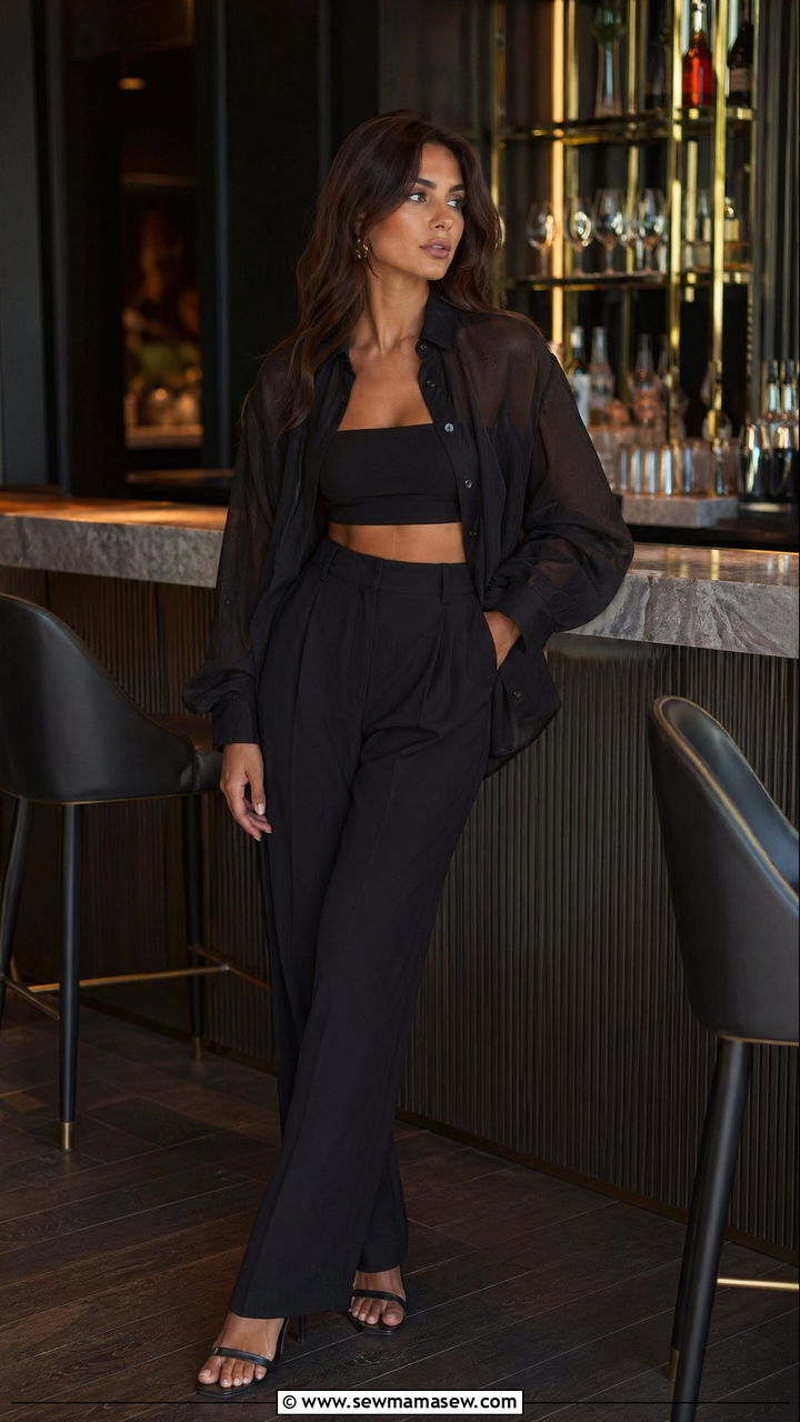 Black Sheer Oversized Shirt over a Black Bandeau with Black Trousers - 35 summer all black outfit ideas