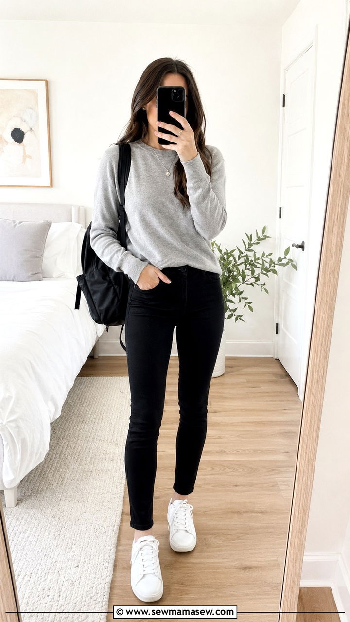 Black Skinny Jeans With Light Grey Sweater School Outfit - 30 school outfits inspo