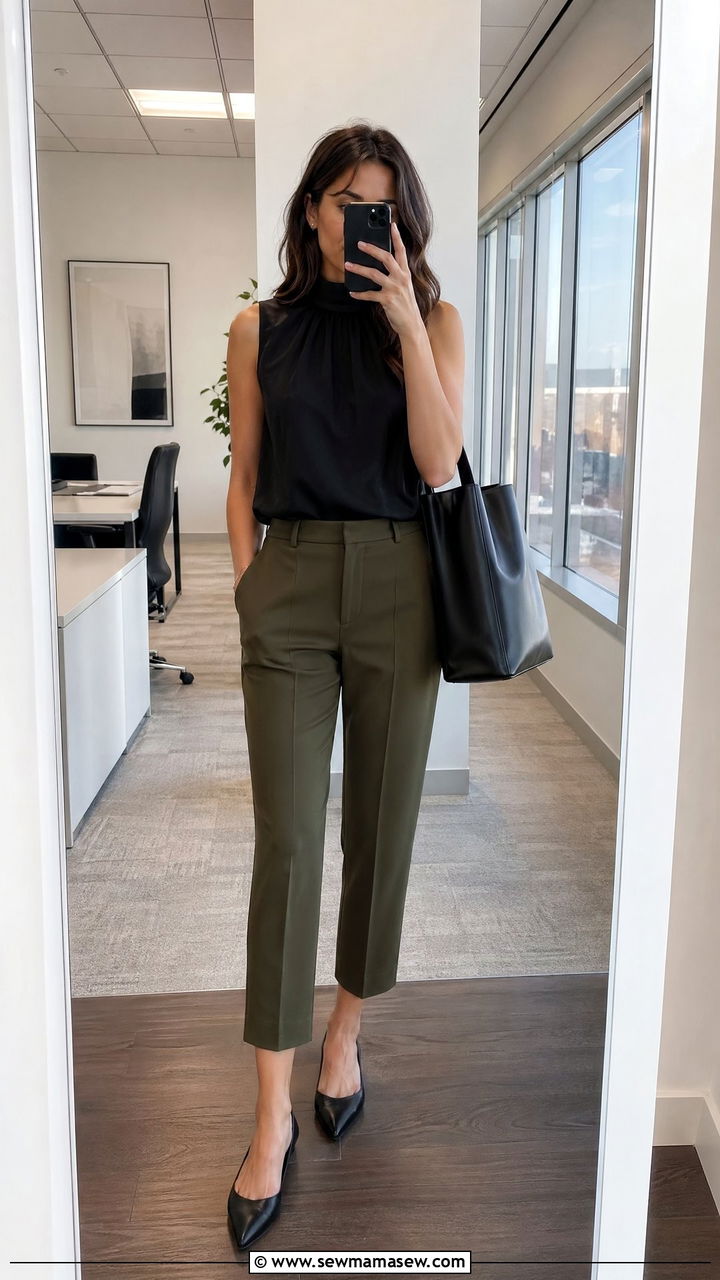 Black Sleeveless Blouse with Olive Cropped Trousers - 35 what to wear to the office