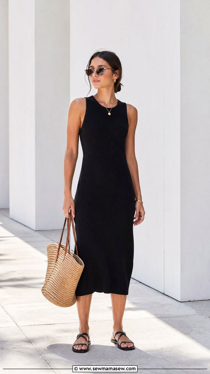Black Sleeveless Knit Dress With Flat Leather Sandals - 35 summer minimalist outfit ideas