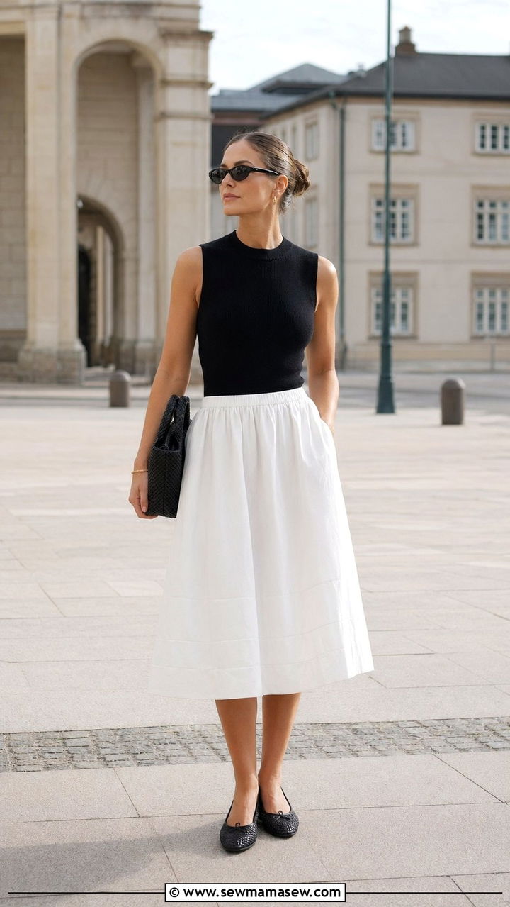 Black Sleeveless Knit with Voluminous White Midi Skirt Outfit - 35 Scandinavian outfit ideas