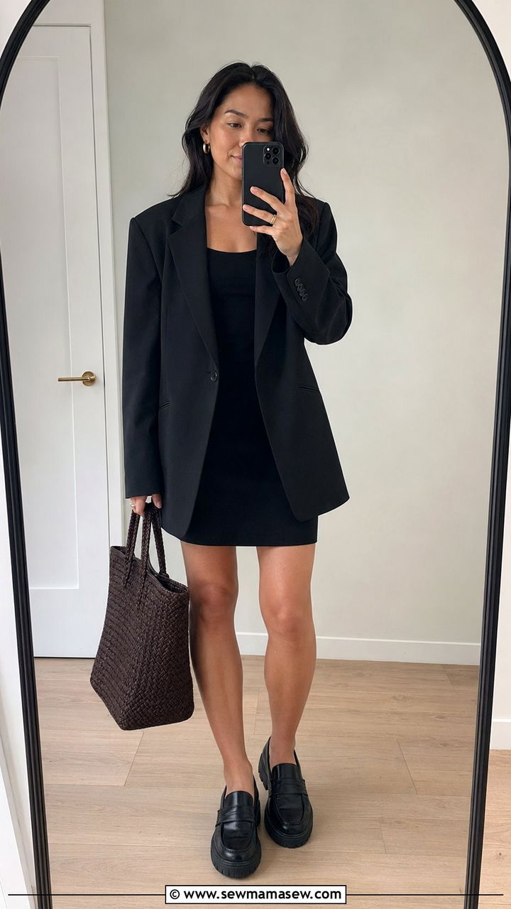 Black Sleeveless Sheath Dress With Oversized Blazer And Loafers - 30 Black dress outfit ideas for wedding guest