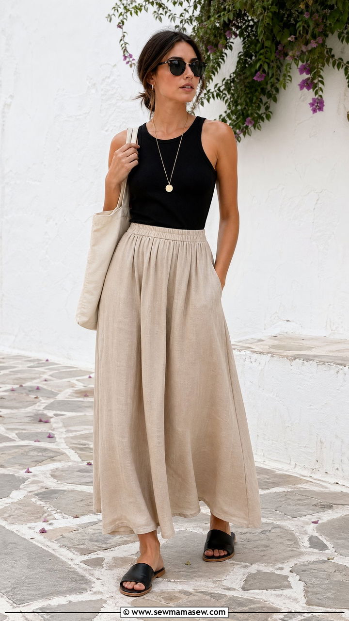 Black Sleeveless Tank With A Linen Maxi Skirt And Leather Slides - 35 summer capsule wardrobe outfits