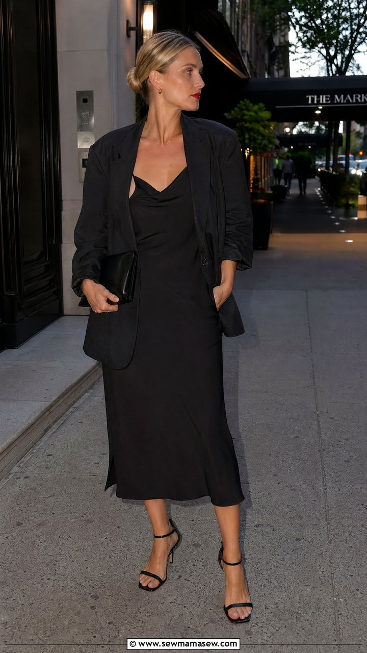 Black Slip Dress With Oversized Blazer - 35 Spring outfits in black
