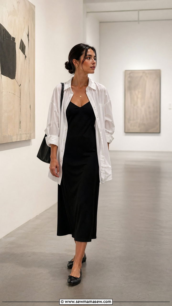 Black Slip Dress With Oversized White Shirt and Ballet Flats - 35 Clean girl casual outfit ideas