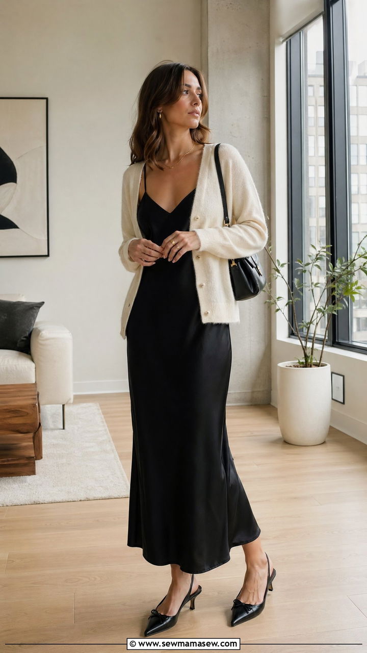 Black Slip Dress With Soft Cardigan And Kitten Heels - 35 spring parisian outfit ideas