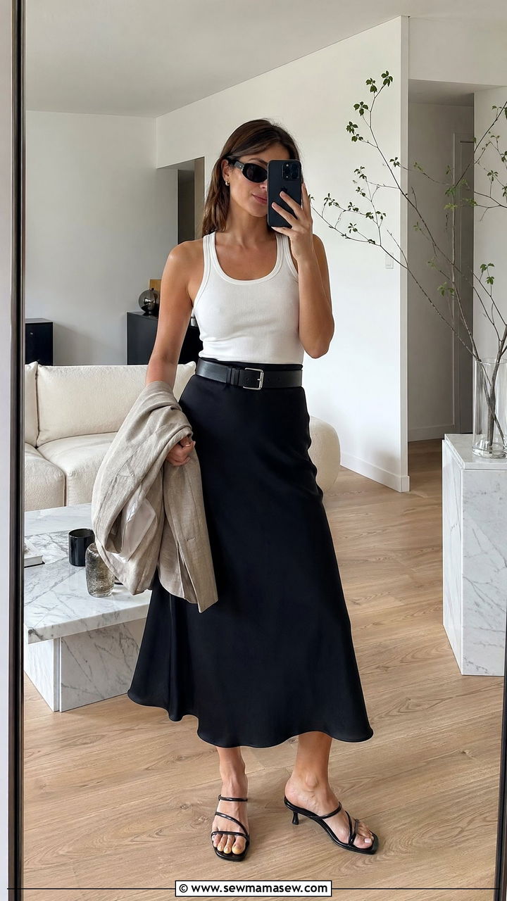 Black Slip Skirt With A White Tank - 35 summer french girl outfit ideas