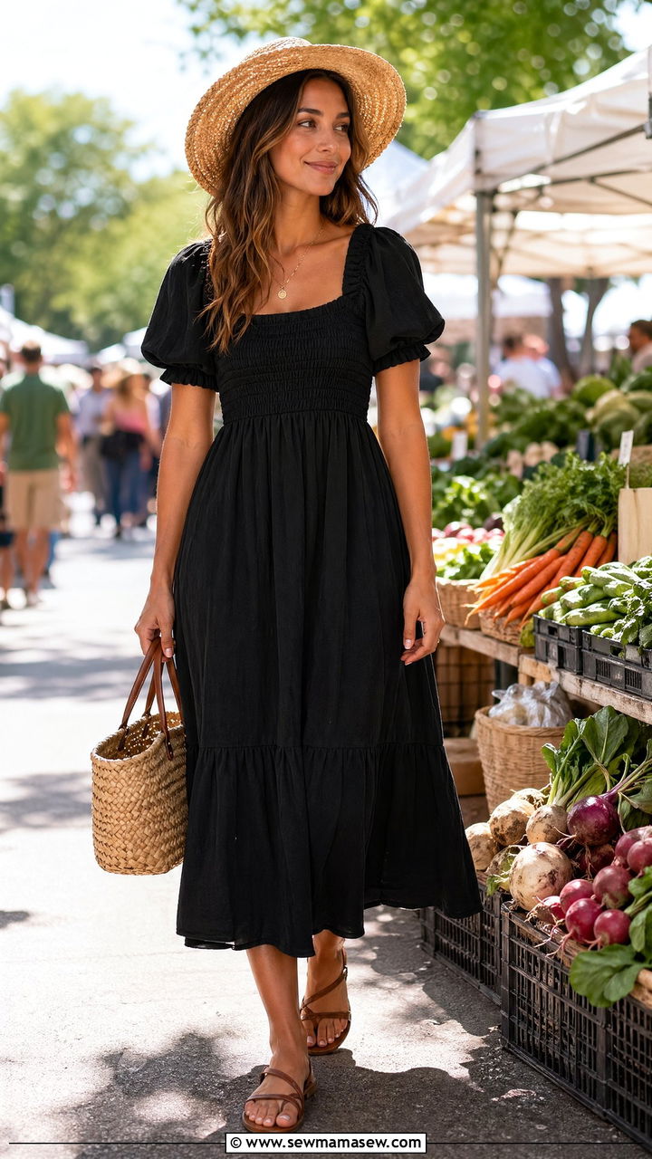 Black Smocked Sundress with a Woven Basket Bag - 35 summer all black outfit ideas