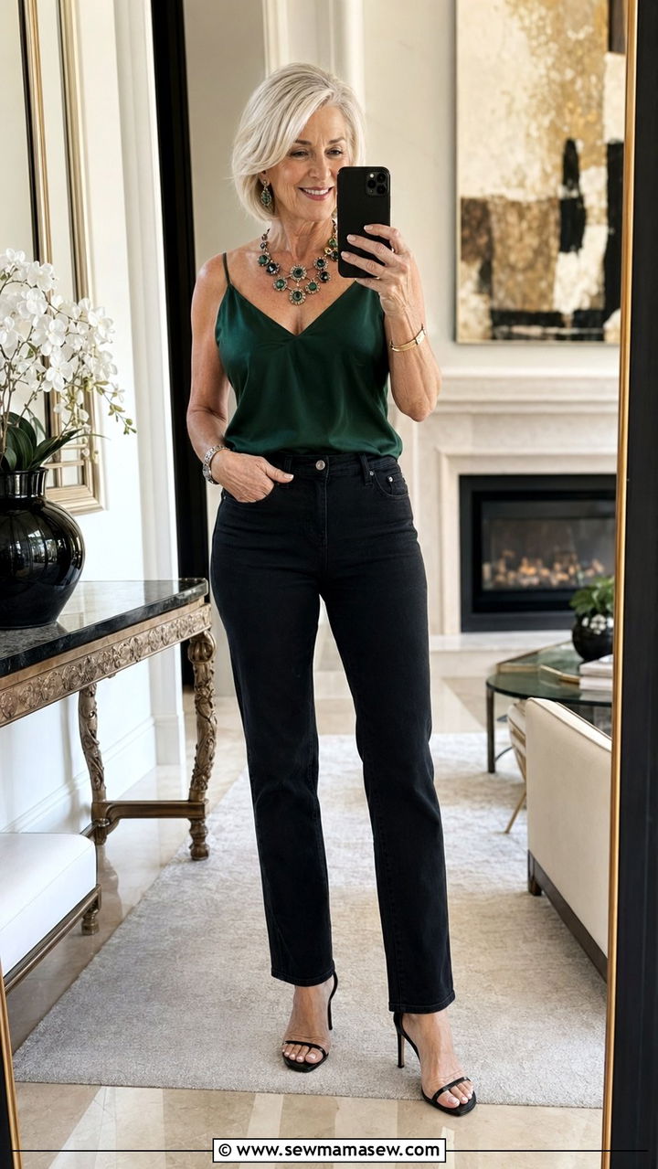 Black Straight Jeans With Silk Tank And Statement Necklace - 30 Best jeans for women over 60