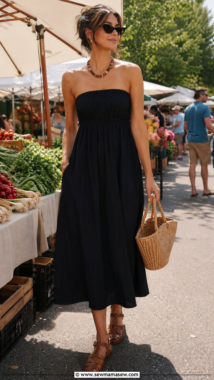 Black Strapless Dress And Fisherman Sandals Outfit - 35 summer black outfit ideas