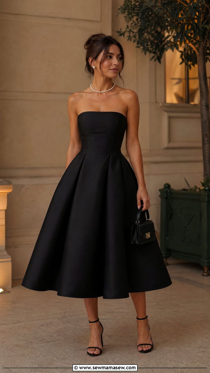 Black Strapless Dress and Pearl Accessories Outfit - 35 Summer style ideas