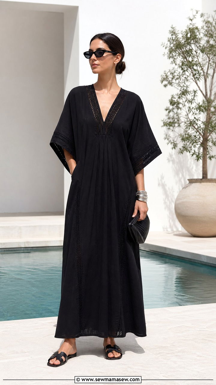Black Structured Kaftan Maxi With Leather Sandals - 40 summer quiet luxury outfits