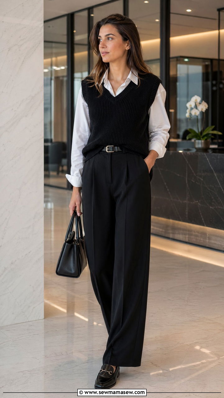 Black Sweater Vest With Wide Leg Pants - 35 Spring outfits in black