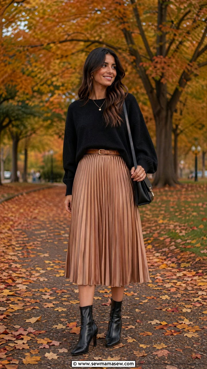 Black Sweater with Tan Midi Skirt - 35 Tan and black outfit ideas