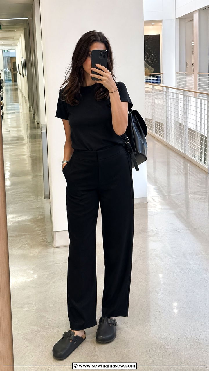 Black T Shirt With Black Birkenstock Clogs And Black Pants - 35 College professor outfit ideas