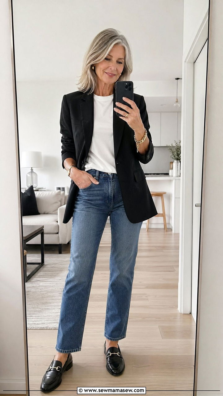 Black Tailored Blazer with Straight Leg Jeans and Loafers - 35 Classy outfits for mature women