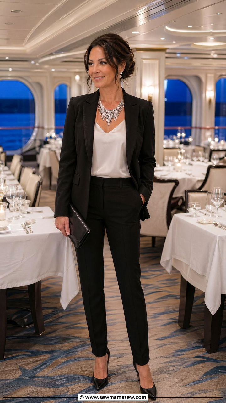 Black Tailored Pantsuit With Statement Necklace - 35 Cruise dinner outfit ideas