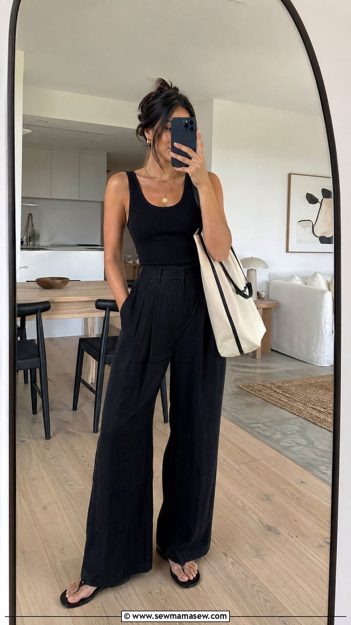 Black Tank Top And Wide Leg Linen Pants Outfit - 35 summer black outfit ideas