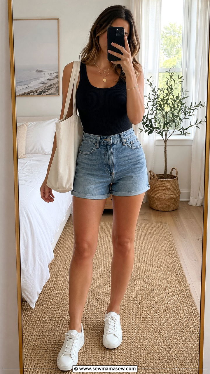 Black Tank Top With Denim Shorts - 35 summer capsule wardrobe outfit ideas