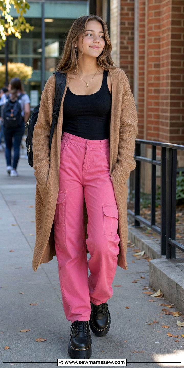 Black Tank with Long Cardigan and Cargo Pants - 35 school outfits 2026