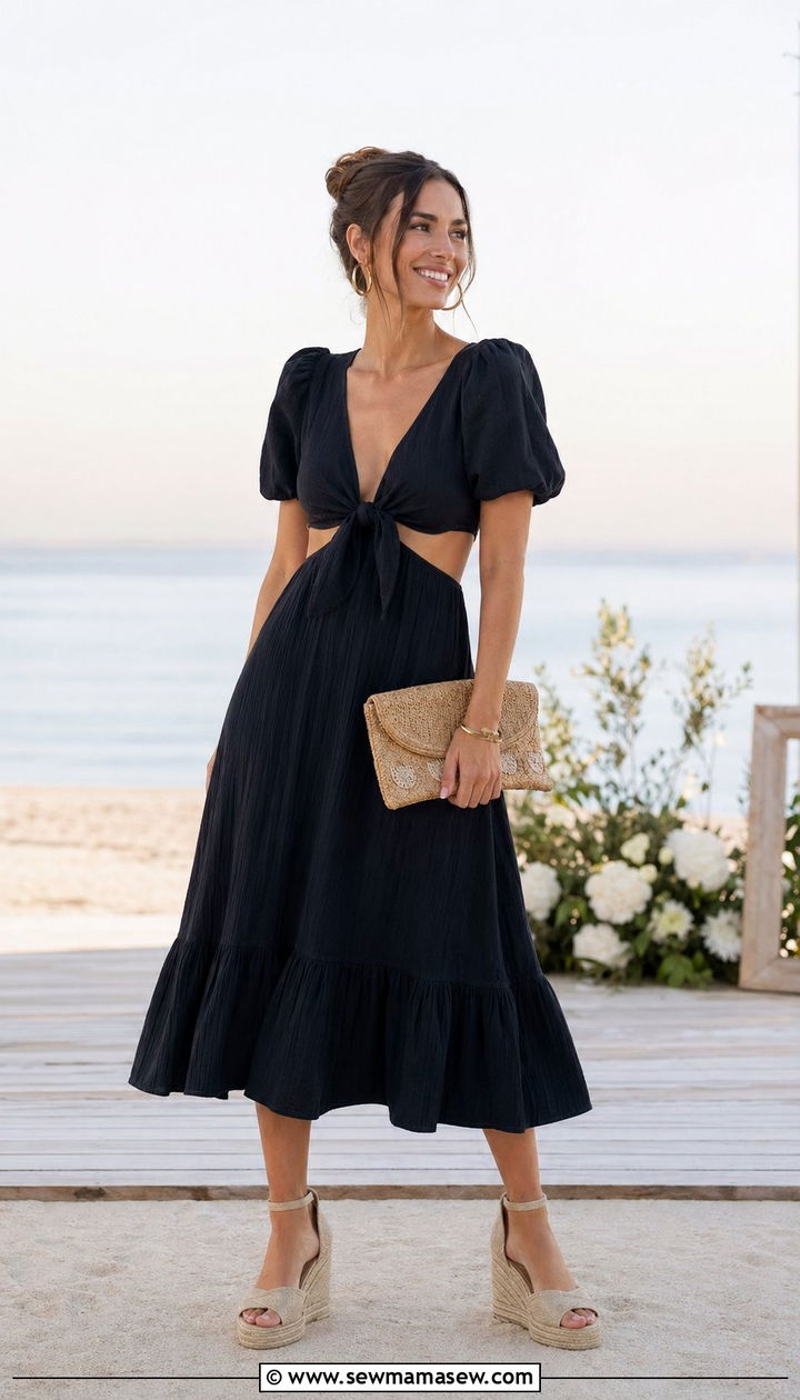 Black Tie Front Midi Dress With Espadrilles And Woven Clutch - 30 Black dress outfit ideas for wedding guest