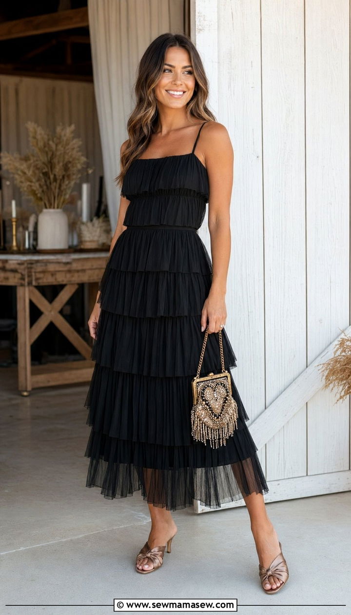 Black Tiered Ruffle Dress With Mules And Beaded Bag - 30 Black dress outfit ideas for wedding guest