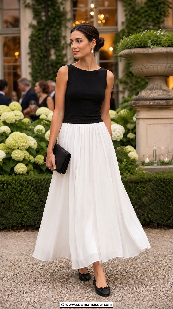 Black Top with White Maxi Skirt - 35 spring old money outfit ideas