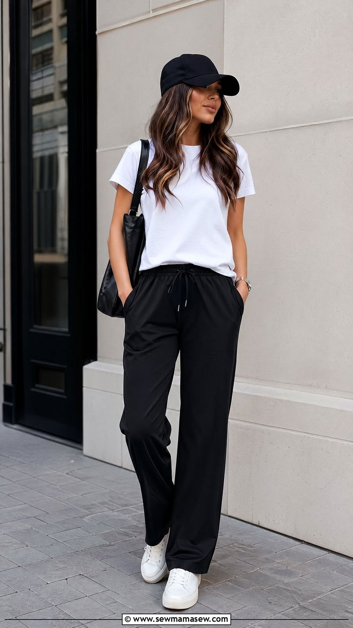 Black Track Pants With White Tee And Sneakers - 35 track pants outfit ideas