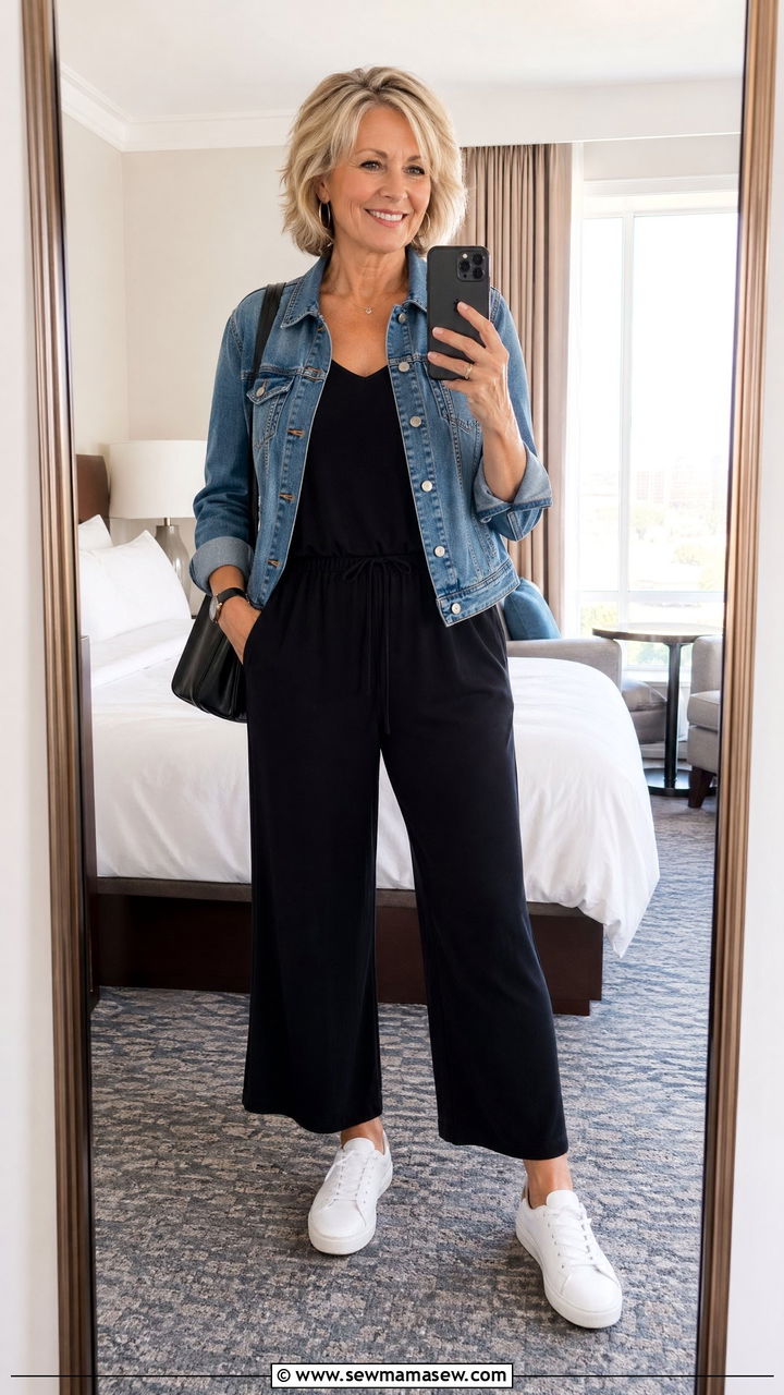 Black Travel Jumpsuit With Layer Options - 35 Travel outfits for women over 50