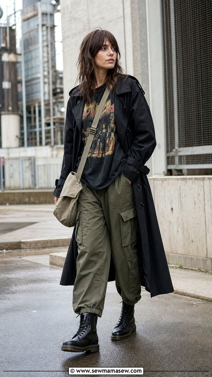 Black Trench Coat Over A Graphic Tee And Cargo Pants - 30 Black trench coat outfit ideas for rain