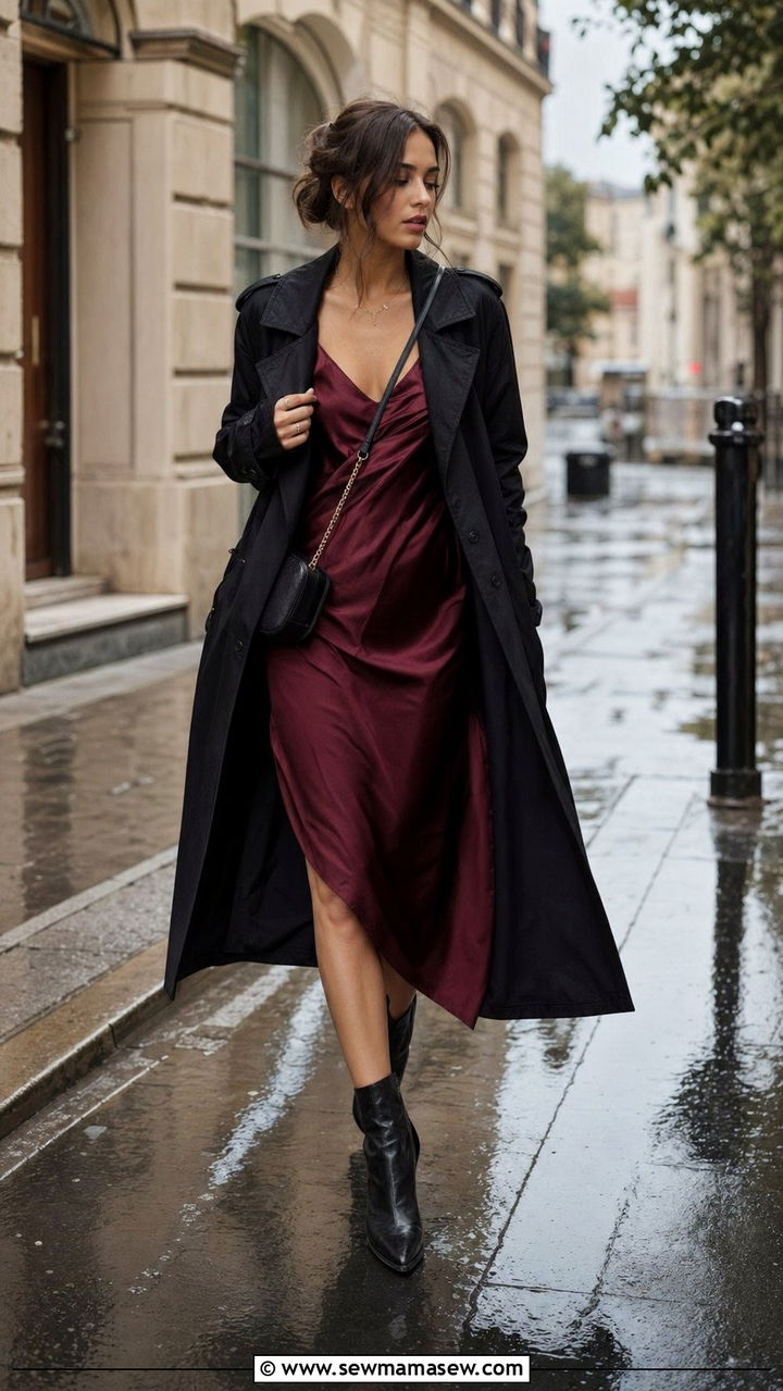 Black Trench Coat Over A Midi Slip Dress With Ankle Boots - 30 Black trench coat outfit ideas for rain