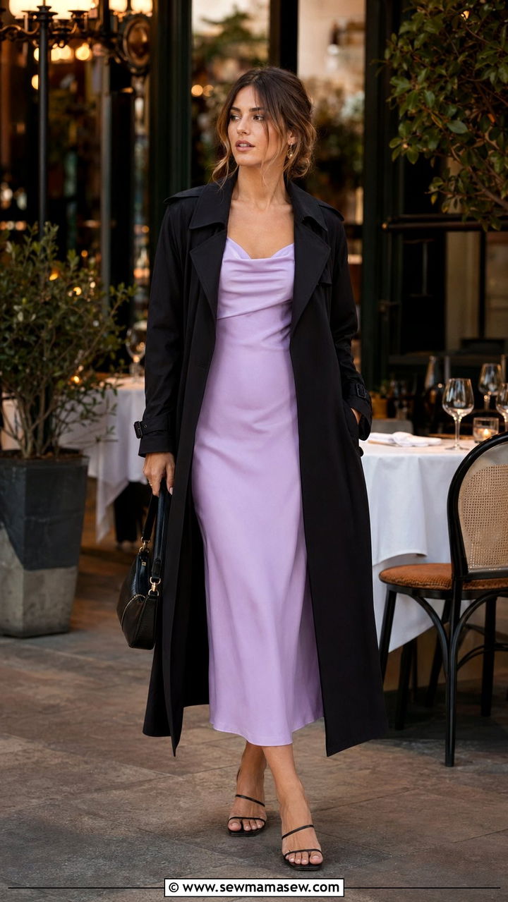 Black Trench Coat Over a Slip Dress and Heeled Sandals - 30 Black trench coat outfit ideas for spring