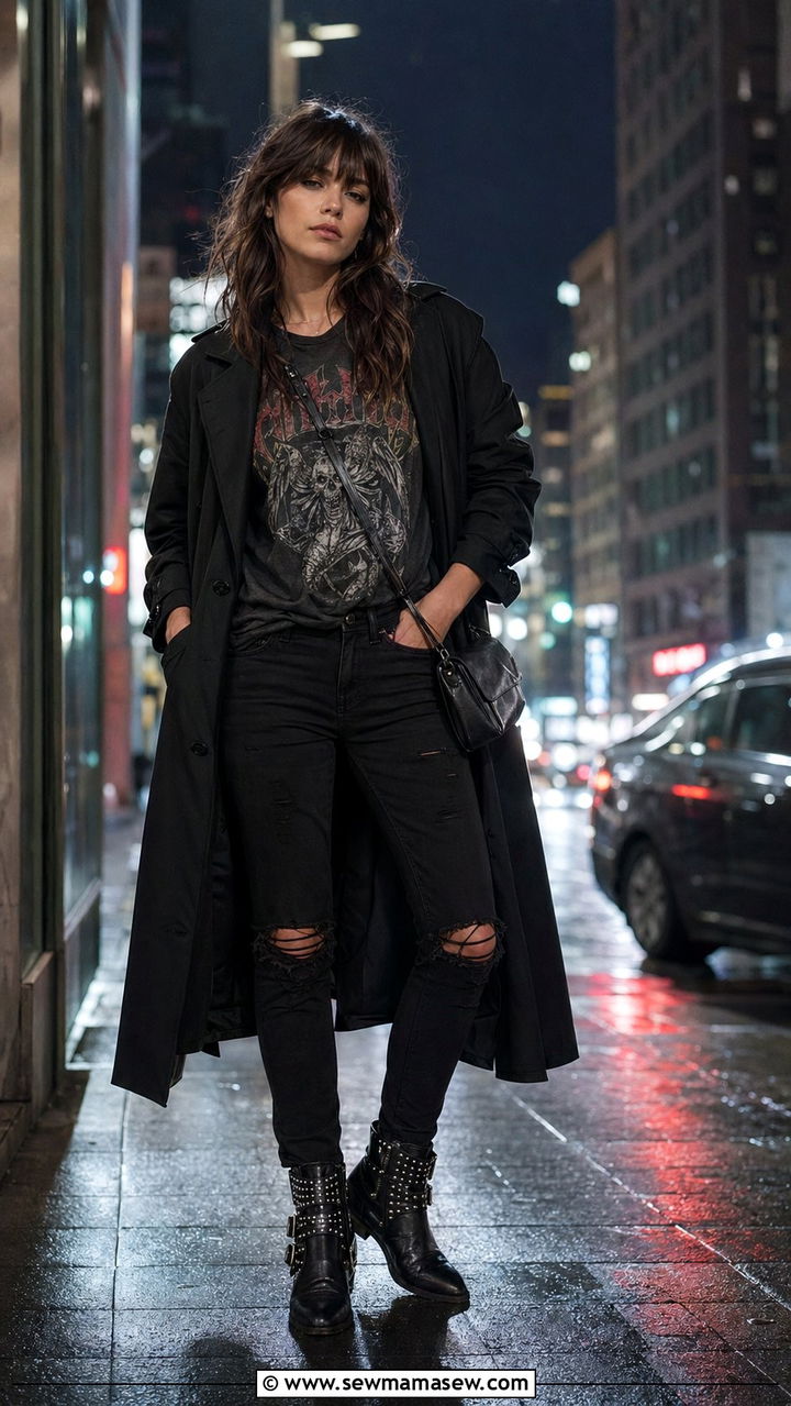 Black Trench Coat With A Band Tee Distressed Jeans And Studded Boots - 30 Black trench coat outfit ideas for rain