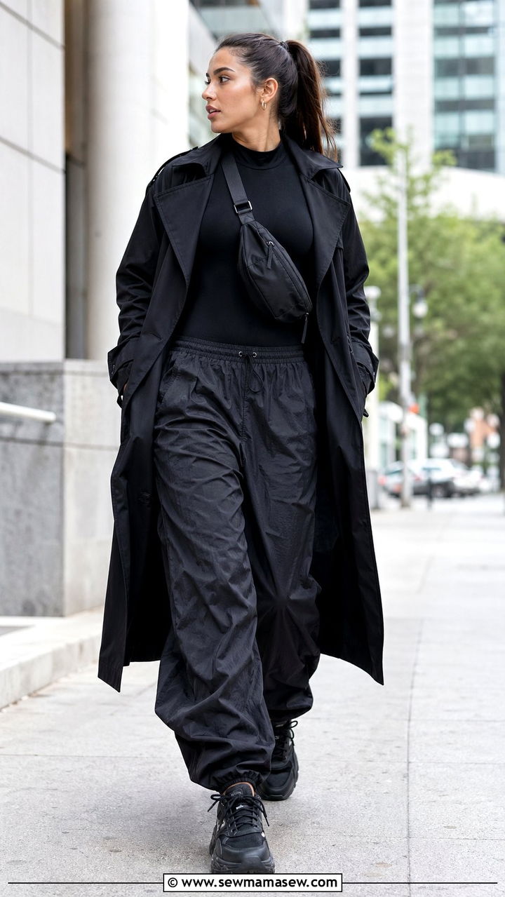 Black Trench Coat With A Bodysuit And Parachute Pants - 30 Black trench coat outfit ideas for rain