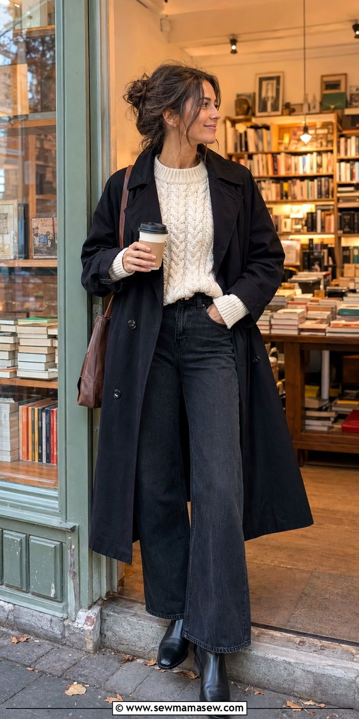 Black Trench Coat With A Chunky Knit Sweater And Wide Leg Jeans - 30 Black trench coat outfit ideas for rain