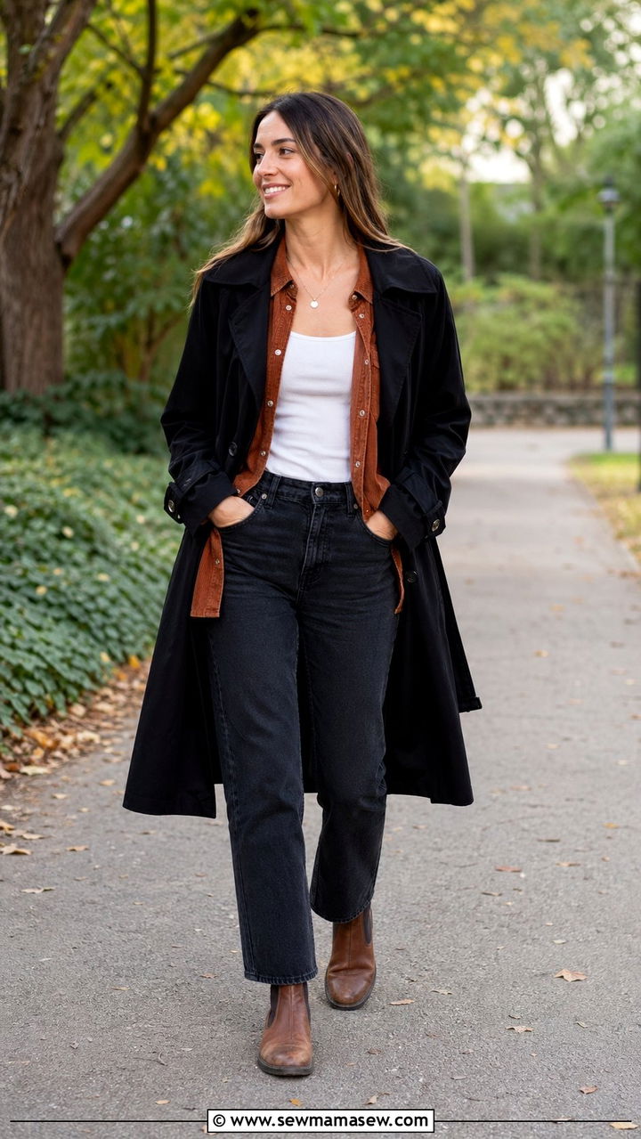 Black Trench Coat With A Corduroy Shirt And Straight Leg Jeans - 30 Black trench coat outfit ideas for rain