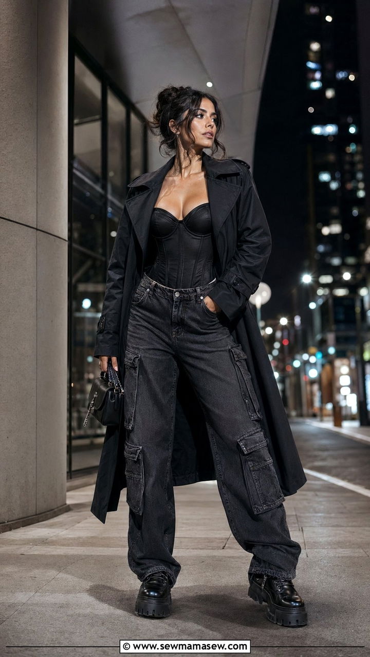 Black Trench Coat With A Corset Top And Cargo Jeans - 30 Black trench coat outfit ideas for rain