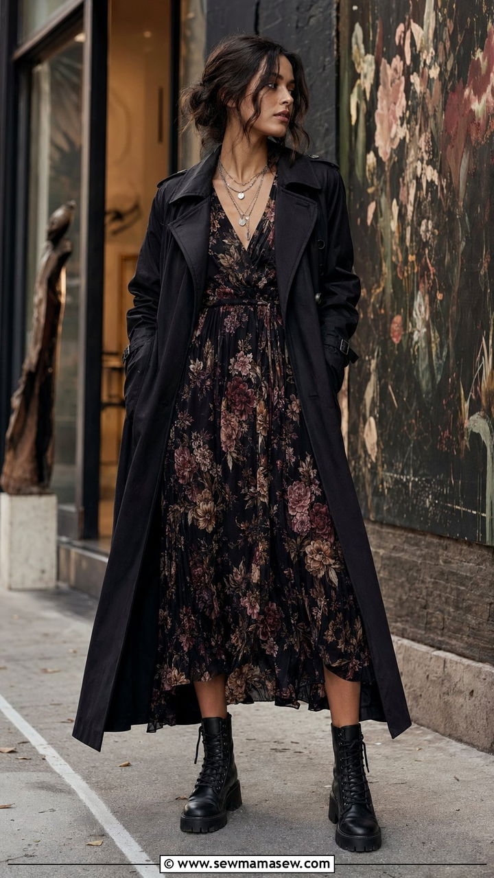 Black Trench Coat With A Floral Midi Dress And Combat Boots - 30 Black trench coat outfit ideas for rain