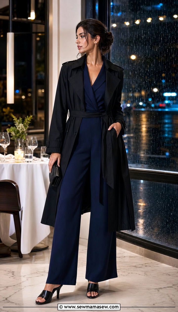 Black Trench Coat With A Jumpsuit And Heeled Mules - 30 Black trench coat outfit ideas for rain