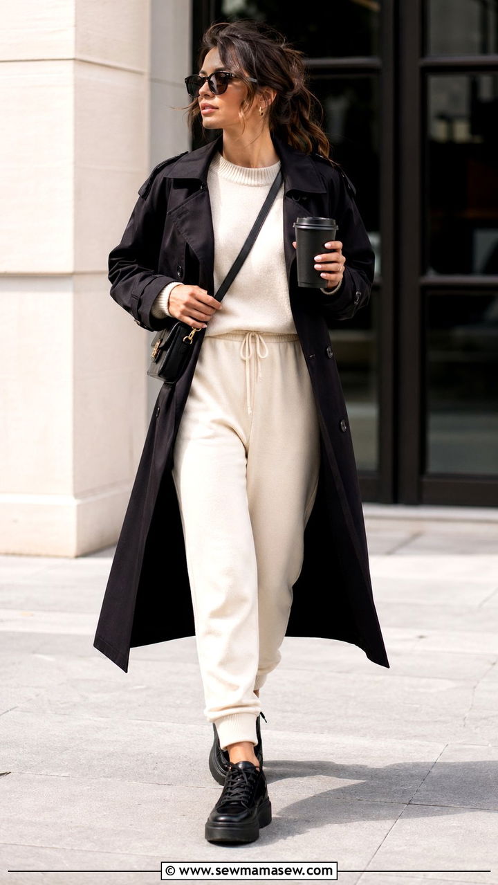 Black Trench Coat With A Matching Lounge Set And Platform Sneakers - 30 Black trench coat outfit ideas for rain