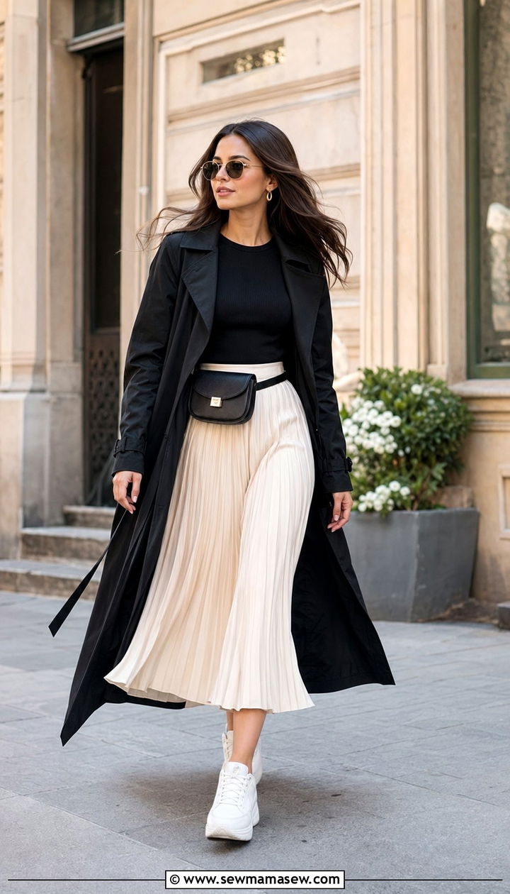 Black Trench Coat With A Pleated Midi Skirt And Sneakers - 30 Black trench coat outfit ideas for rain