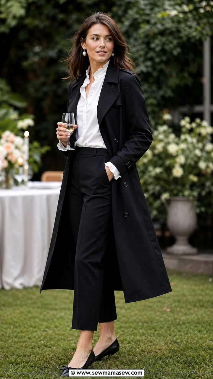 Black Trench Coat With A Ruffle Blouse And Cropped Trousers - 30 Black trench coat outfit ideas for rain