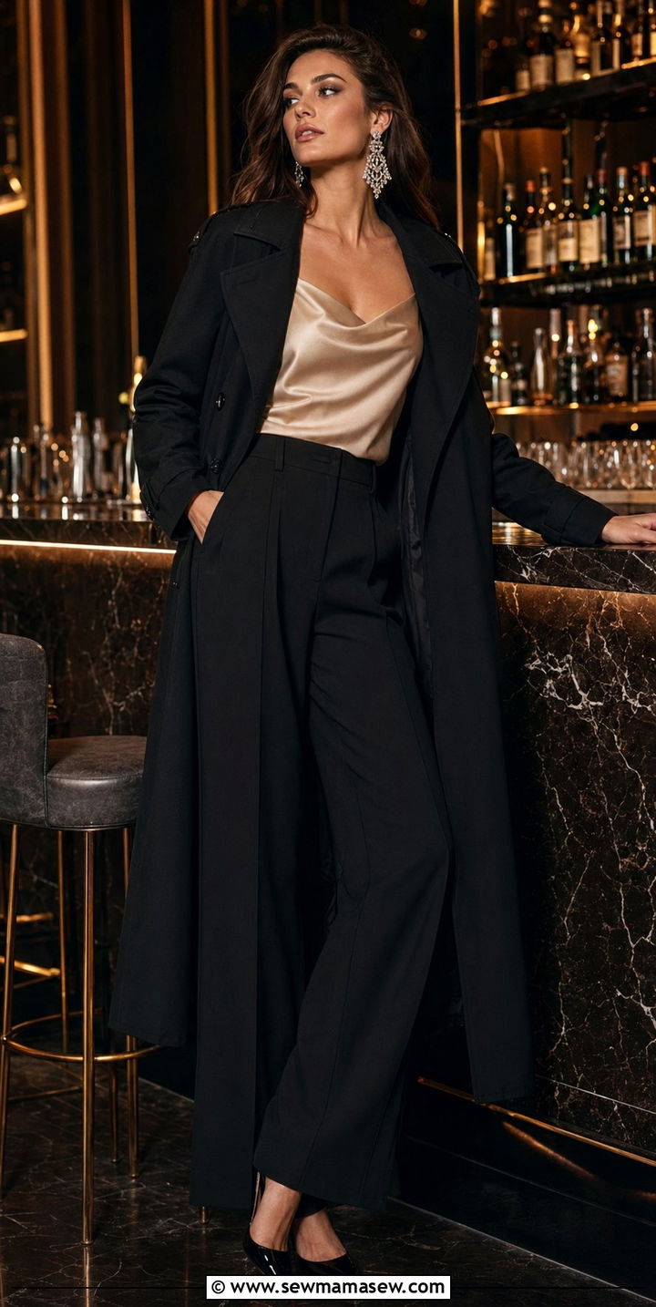 Black Trench Coat With A Satin Camisole And Wide Leg Trousers - 30 Black trench coat outfit ideas for rain