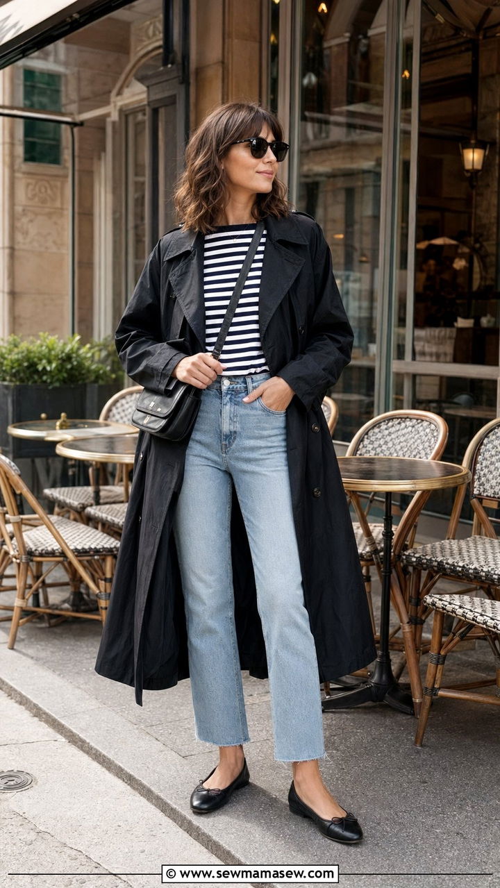 Black Trench Coat With A Striped Breton Top And Cropped Jeans - 30 Black trench coat outfit ideas for rain